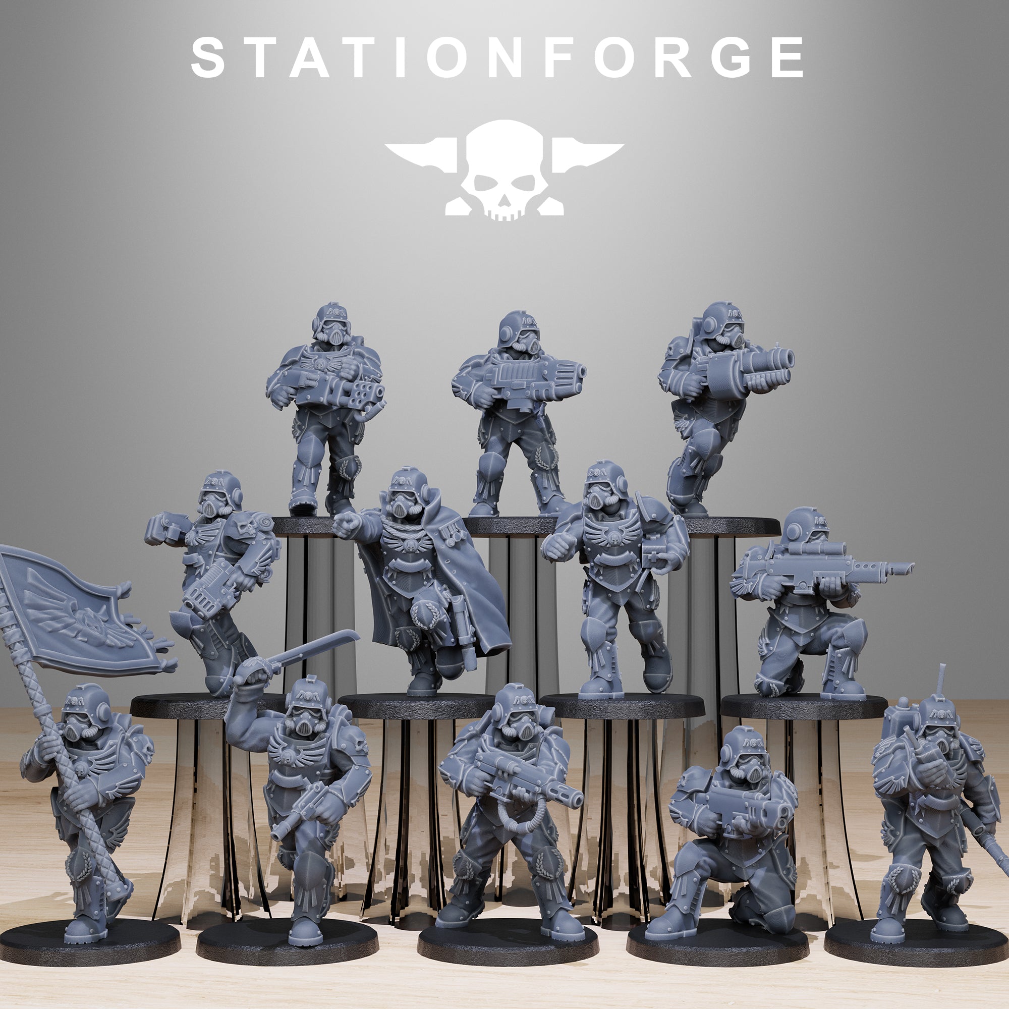 Full Grimguard Elites squad by Station Forge with heavy armor, gas-mask helmets, rifles, banner, melee weapons, and grimdark sci-fi infantry poses.
