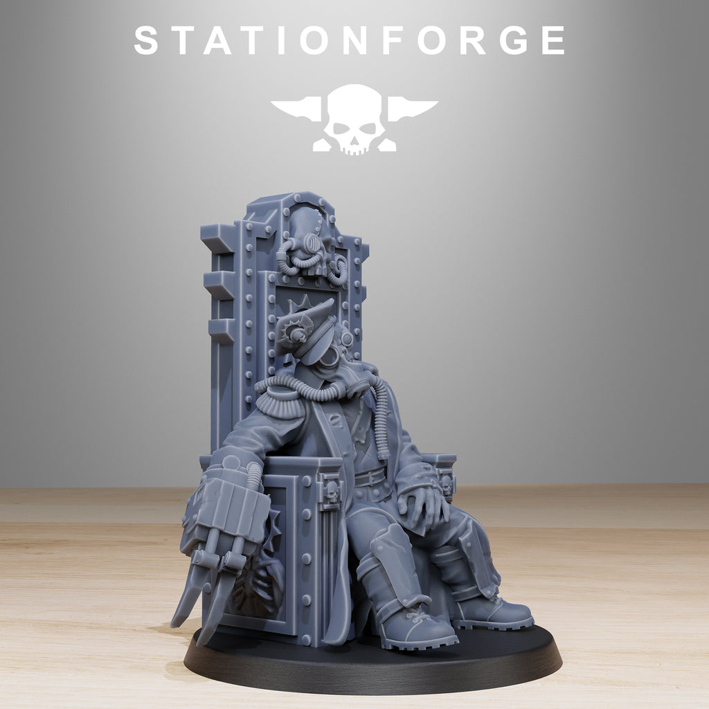 Side view of GrimGuard The Fallen Officer miniature showing the seated officer, tall command throne, skull panel details, gas mask, and mechanical claw.