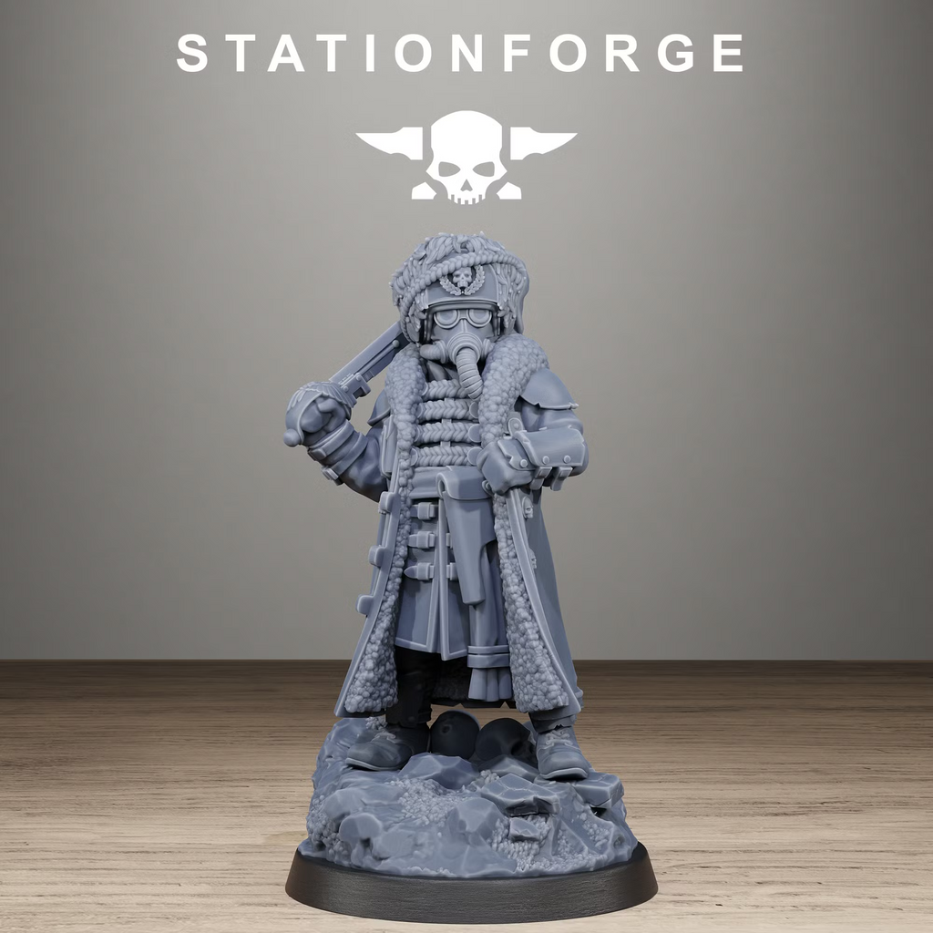 GrimGuard Frostwatch Leader by StationForge, sci-fi resin commander with gas mask, fur-lined coat, curved sword and scenic rubble base