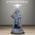 GrimGuard Frostwatch Leader by StationForge, sci-fi resin commander with gas mask, fur-lined coat, curved sword and scenic rubble base