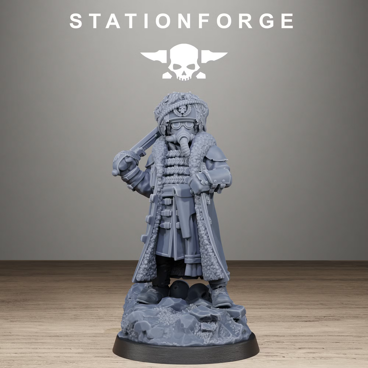GrimGuard Frostwatch Leader by StationForge, sci-fi resin commander with gas mask, fur-lined coat, curved sword and scenic rubble base