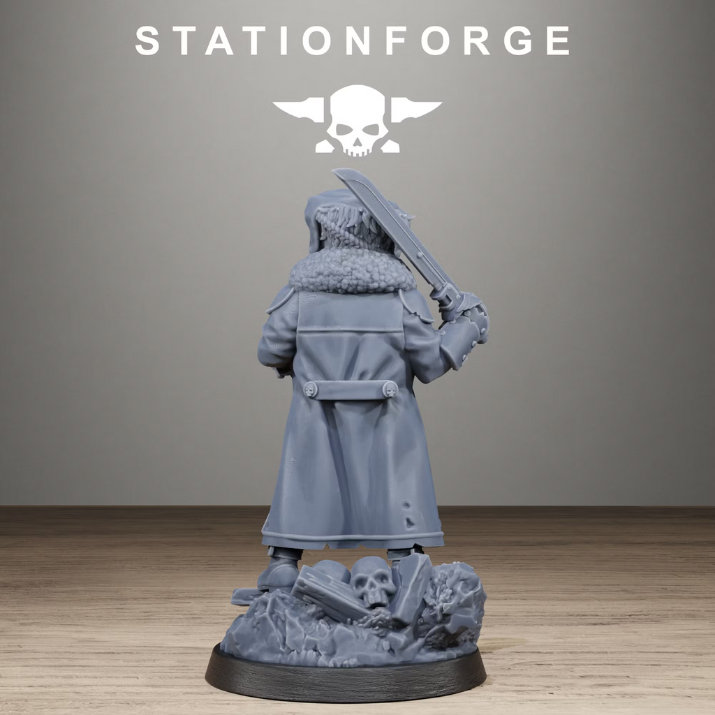 Rear view of GrimGuard Frostwatch Leader resin miniature showing long winter coat, fur collar, curved sword and detailed scenic base