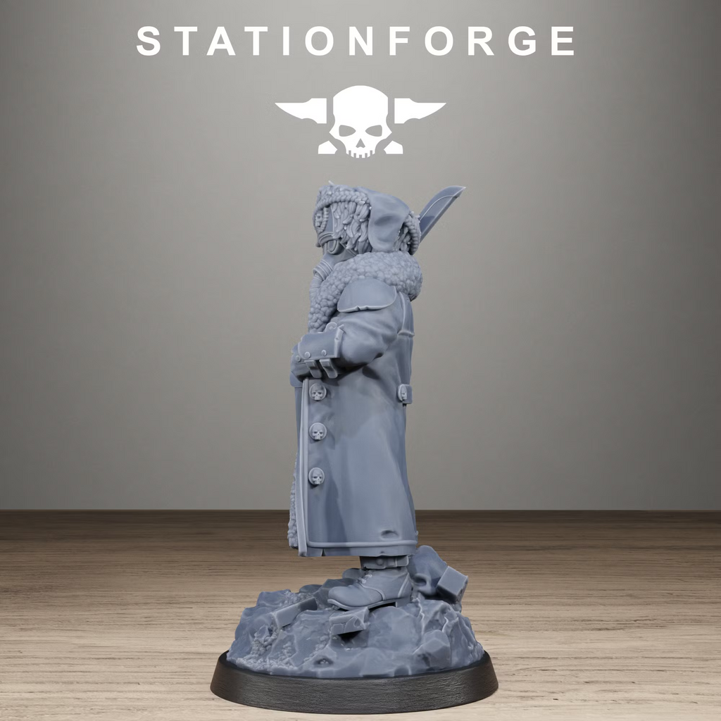 Side view of GrimGuard Frostwatch Leader by StationForge showing fur-lined winter coat, gas mask, sword and scenic base details