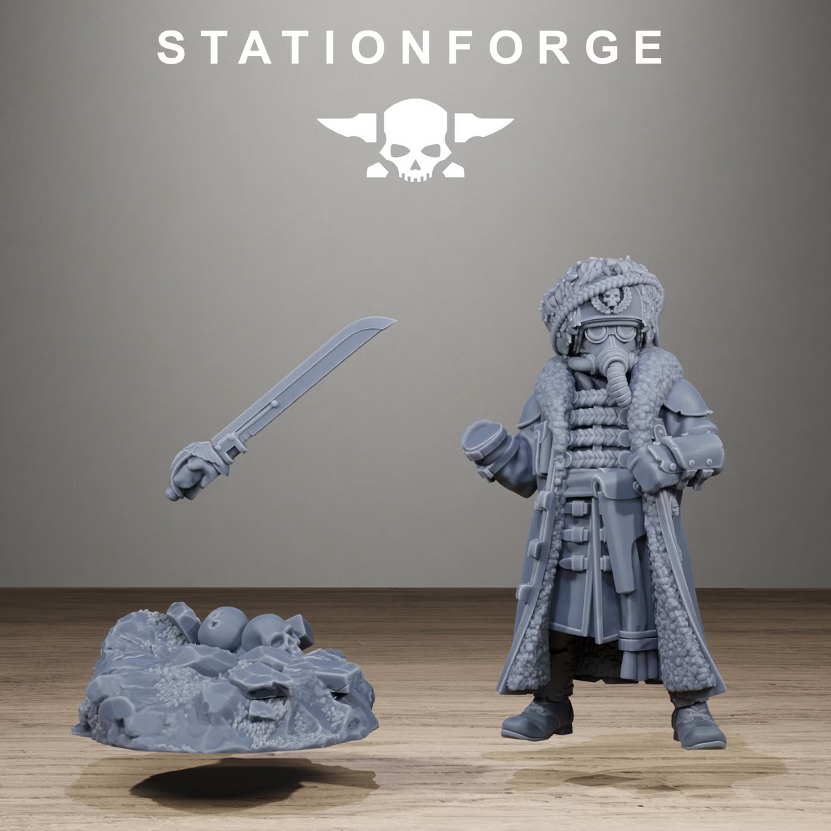 GrimGuard Frostwatch Leader multipart resin miniature showing separate sword arm, scenic rubble base and winter command model by StationForge