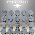 25mm industrial resin bases with sci-fi grates, pipes, panels, vents, bolts, and factory floor details.