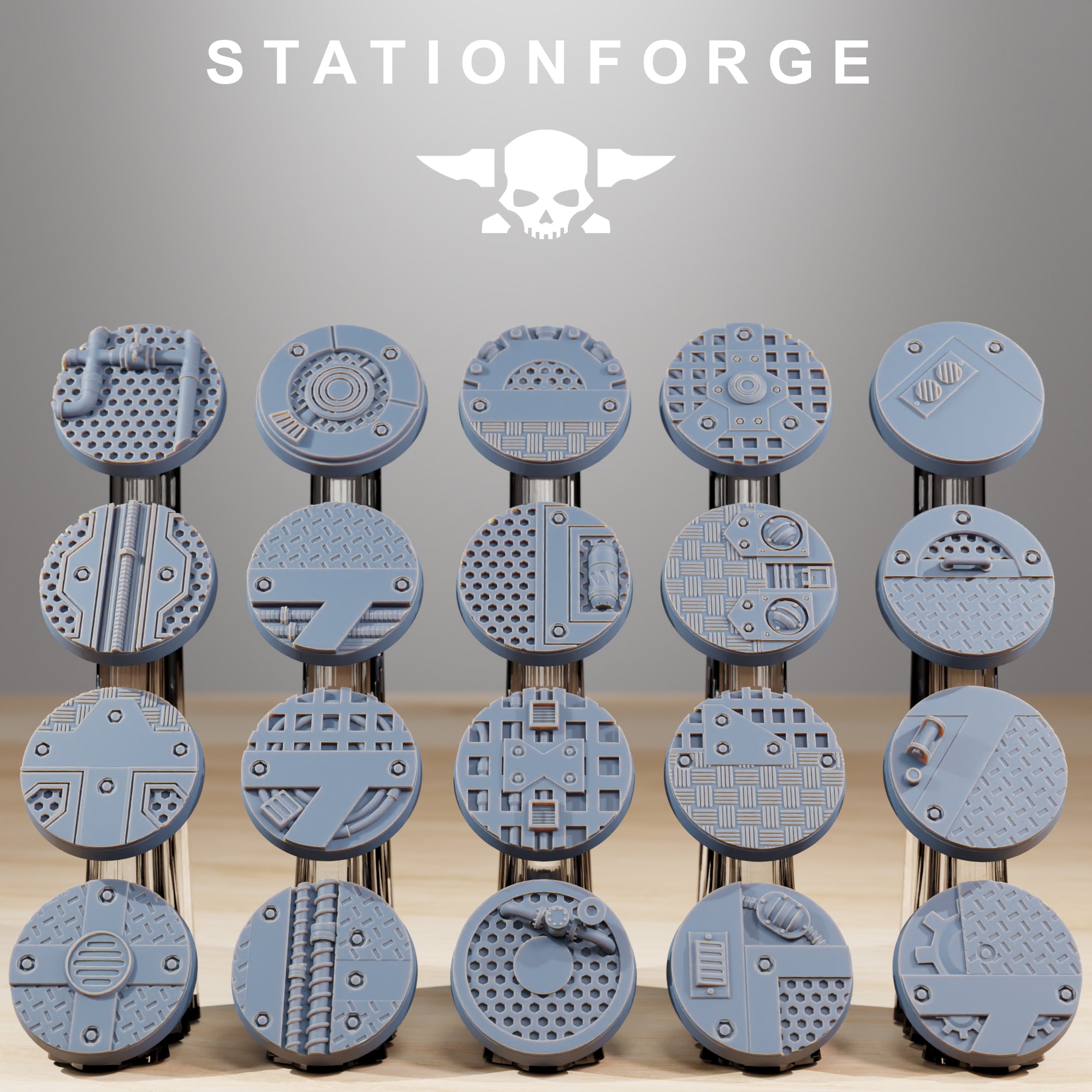 25mm industrial resin bases with sci-fi grates, pipes, panels, vents, bolts, and factory floor details.