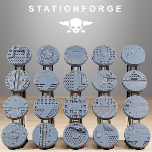 25mm industrial resin bases with sci-fi grates, pipes, panels, vents, bolts, and factory floor details.