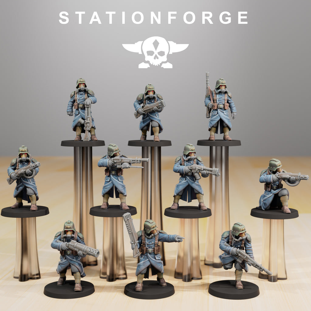 Painted Grimguard Infantry Builder squad by Station Forge with blue coats, gas masks, rifles, and varied poses.