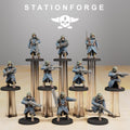 Painted Grimguard Infantry Builder squad by Station Forge with blue coats, gas masks, rifles, and varied poses.