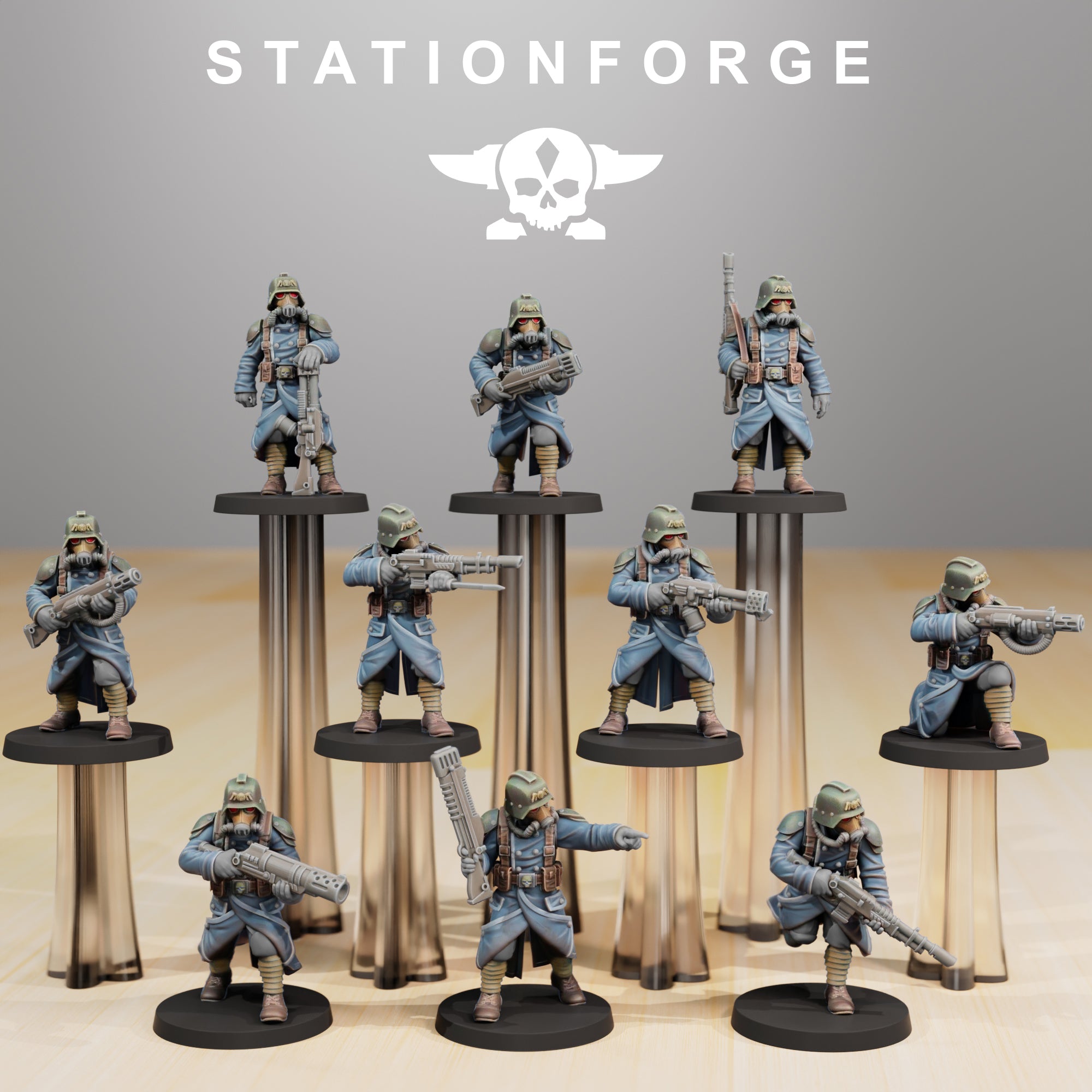 Painted Grimguard Infantry Builder squad by Station Forge with blue coats, gas masks, rifles, and varied poses.
