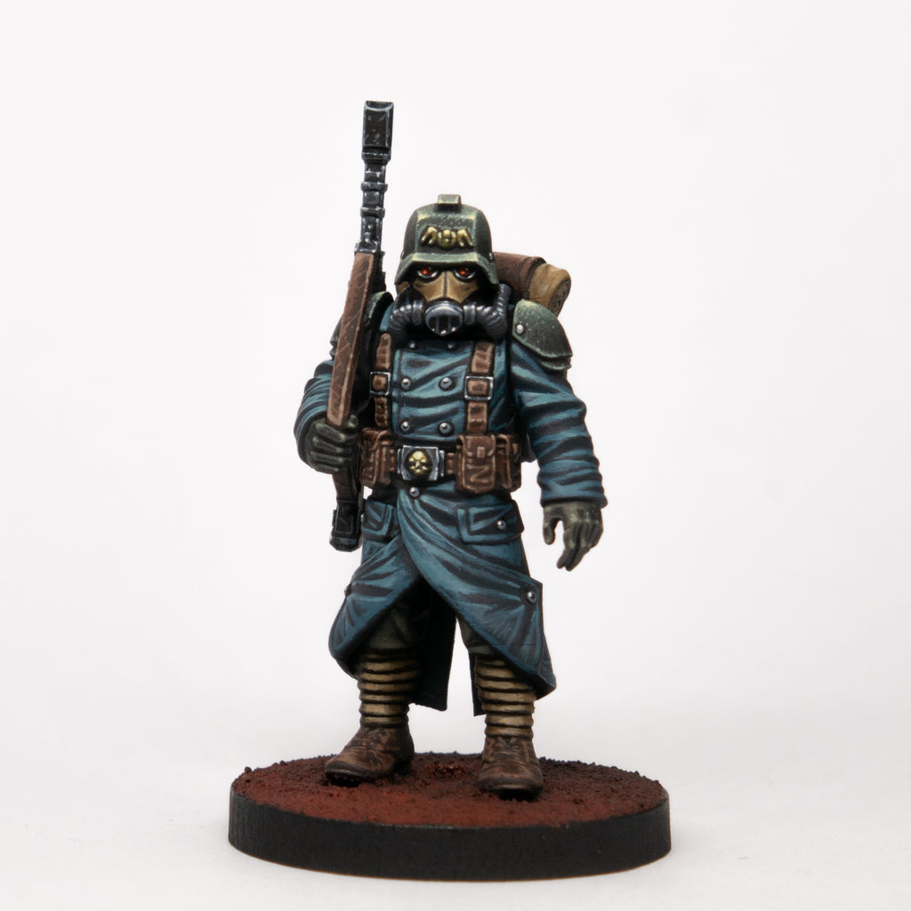 Painted Grimguard Infantry Builder front view of single miniature by Station Forge with blue coats, gas masks, rifles, and varied poses.