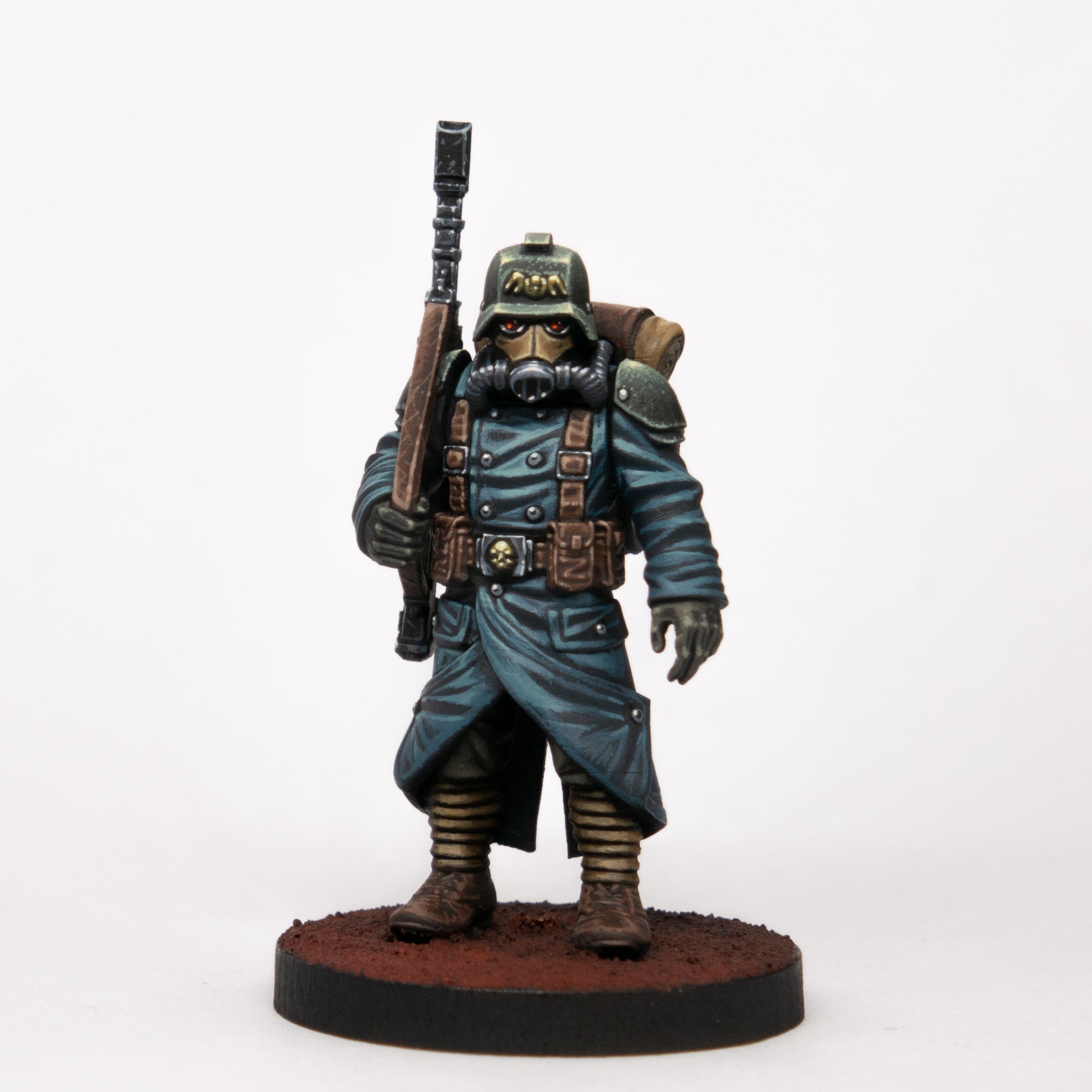 Painted Grimguard Infantry Builder front view of single miniature by Station Forge with blue coats, gas masks, rifles, and varied poses.