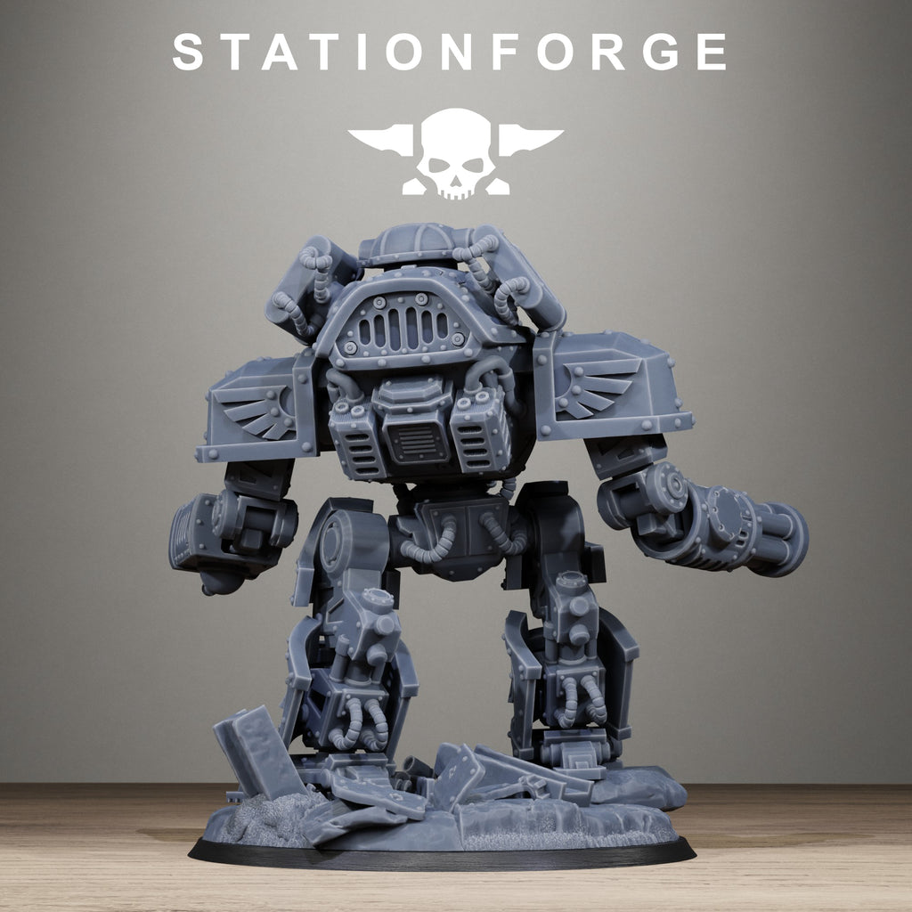 Rear view of the GrimGuard MechGuard miniature showing bulky armor plates, mechanical legs, cables, rear vents, and weapon details.