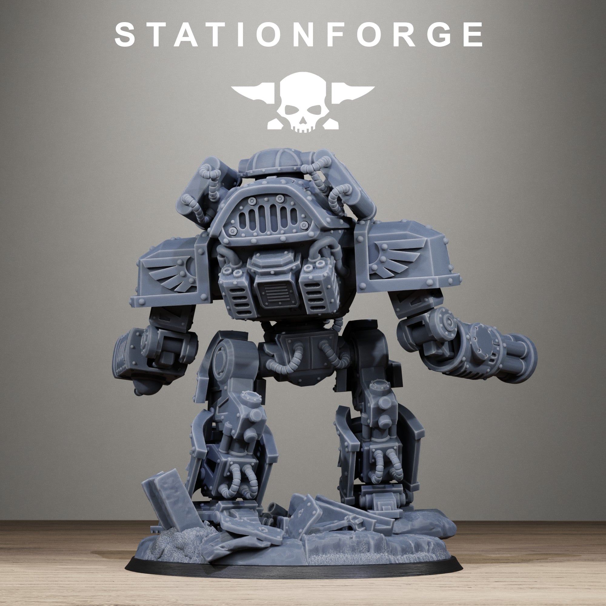 Rear view of the GrimGuard MechGuard miniature showing bulky armor plates, mechanical legs, cables, rear vents, and weapon details.