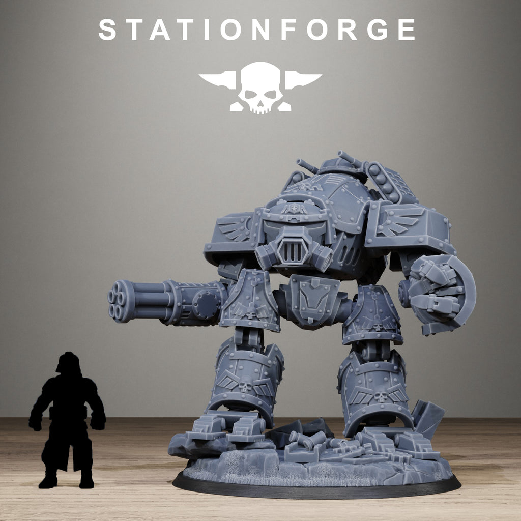 GrimGuard MechGuard resin walker shown beside a black infantry silhouette for size comparison.