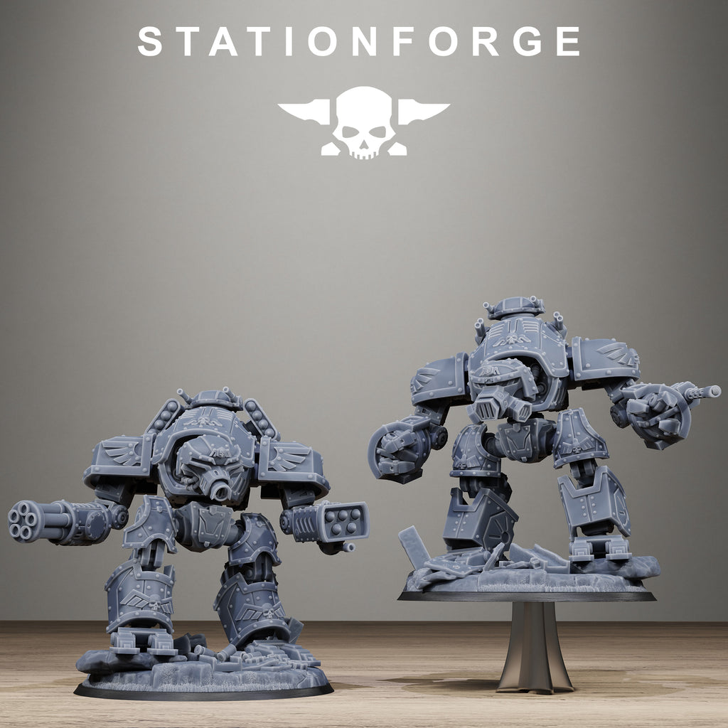 Two GrimGuard MechGuard resin walker miniatures shown in different poses and weapon configurations.