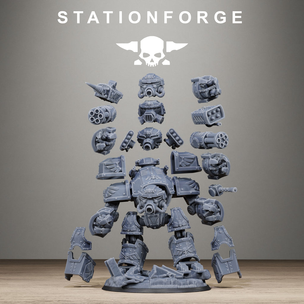 Modular GrimGuard MechGuard resin parts displayed with alternate heads, weapons, fists, armor panels, legs, and scenic base pieces.