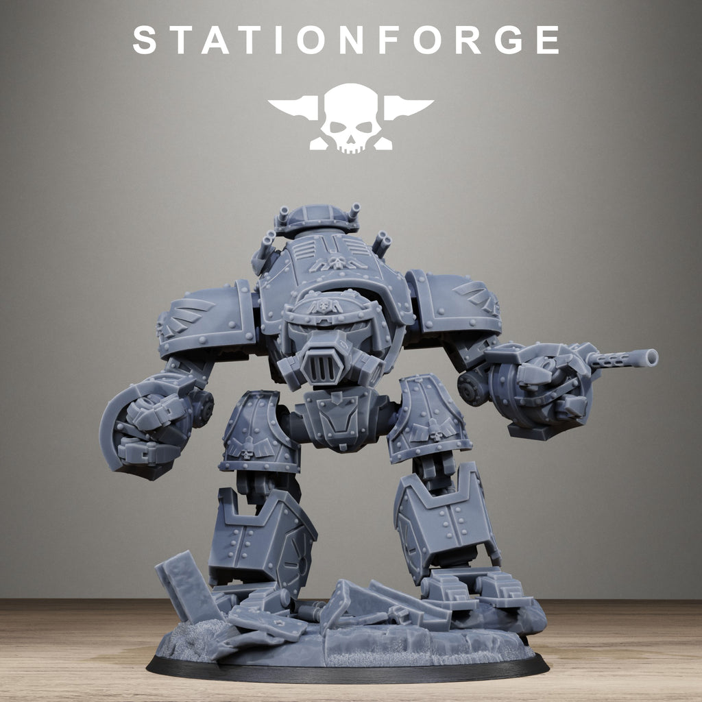 GrimGuard MechGuard resin walker miniature by StationForge shown from the front with heavy armor, mechanical limbs, large weapons, and scenic base.