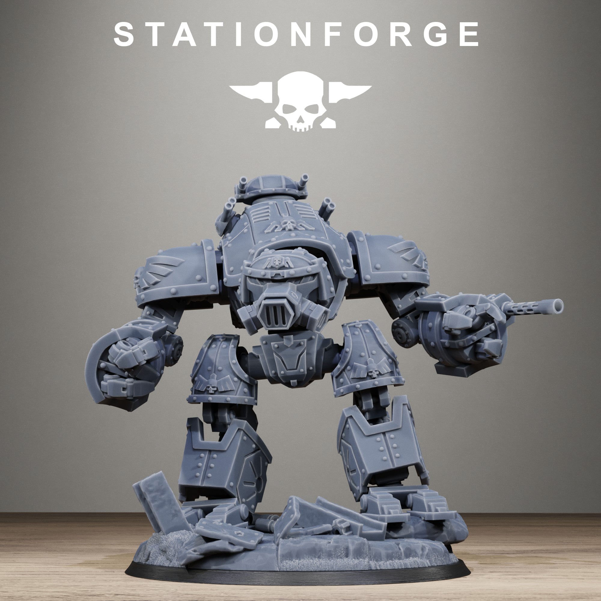 GrimGuard MechGuard resin walker miniature by StationForge shown from the front with heavy armor, mechanical limbs, large weapons, and scenic base.