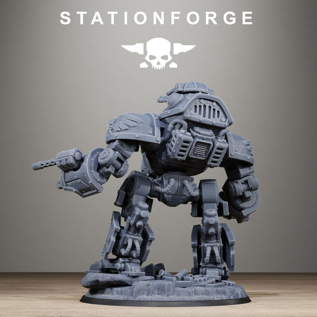 Rear view of the GrimGuard MechGuard miniature showing bulky armor plates, mechanical legs, cables, rear vents, and weapon details.