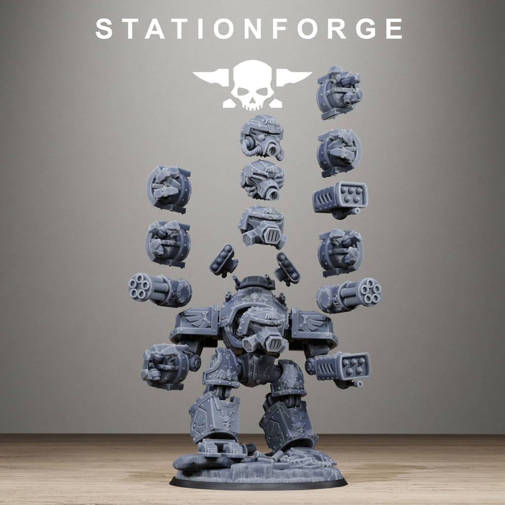 Modular GrimGuard MechGuard resin parts displayed with alternate heads, weapons, fists, armor panels, legs, and scenic base pieces.