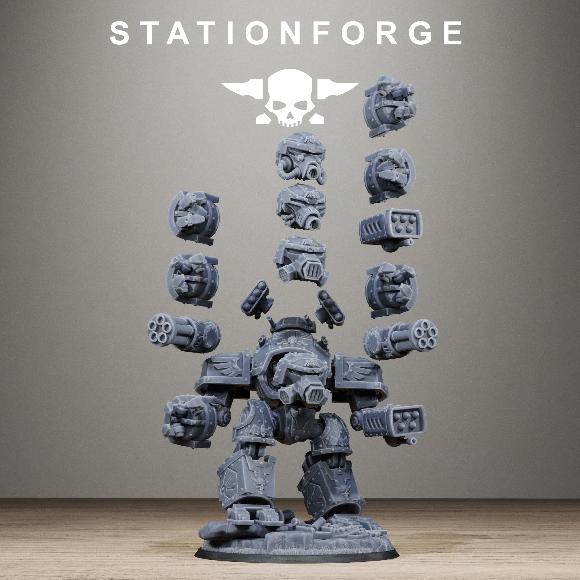 Modular GrimGuard MechGuard resin parts displayed with alternate heads, weapons, fists, armor panels, legs, and scenic base pieces.