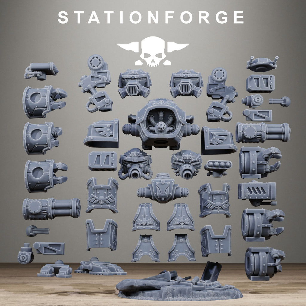 Modular GrimGuard MechGuard resin parts displayed with alternate heads, weapons, fists, armor panels, legs, and scenic base pieces.