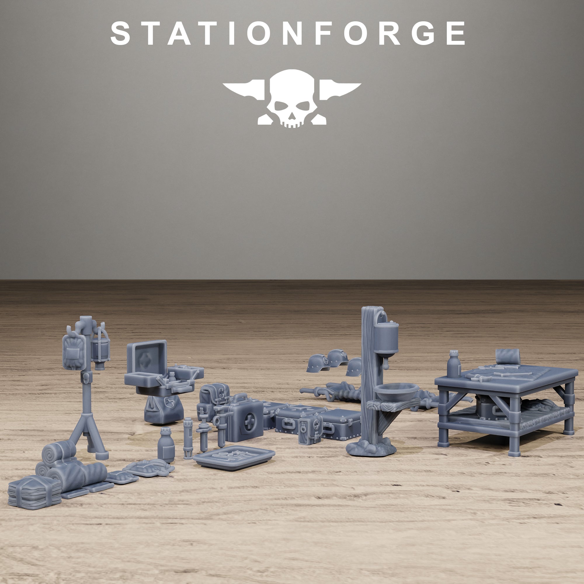 Station Forge Grimguard Medical Bits set displayed in a wide layout with medical tools, crates, supplies, helmets, and terrain accessories.