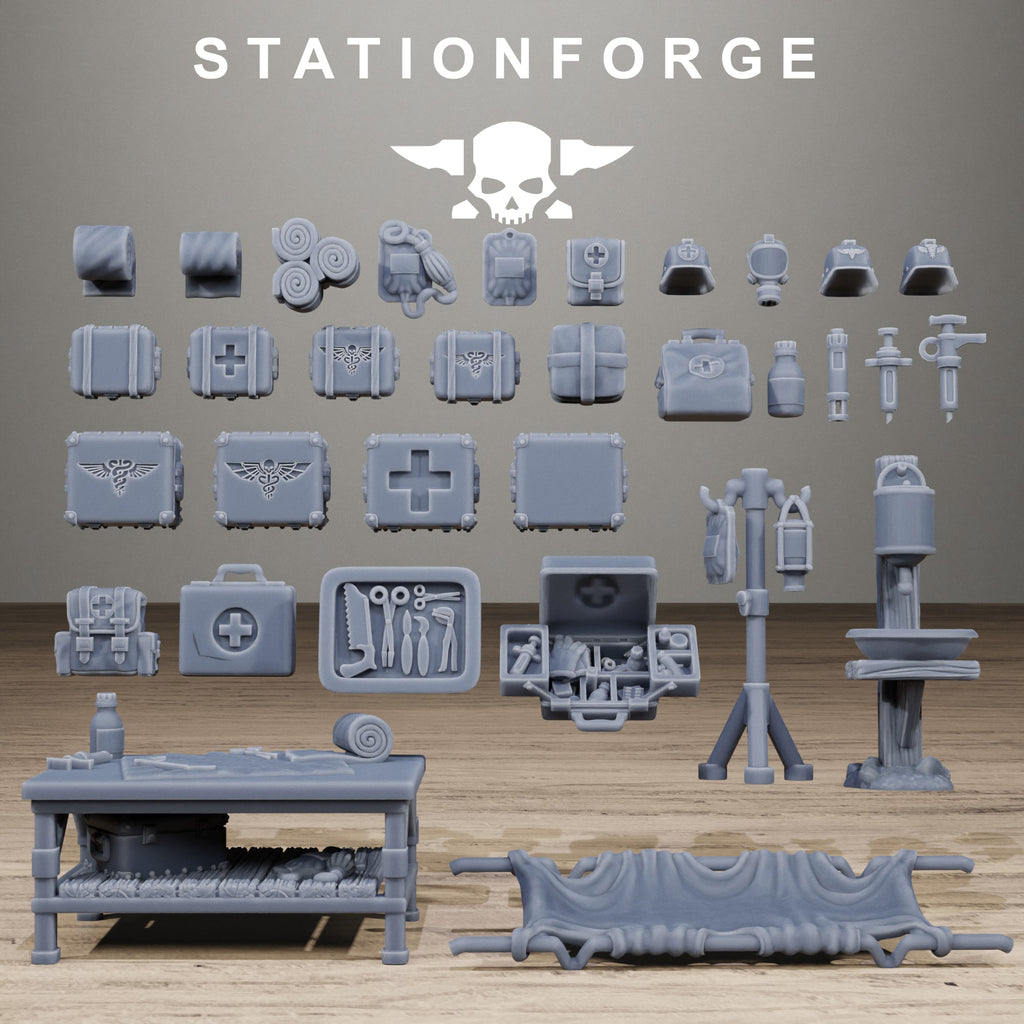 Grimguard Medical Bits resin terrain set by Station Forge with stretchers, medical table, supply cases, helmets, and field equipment.
