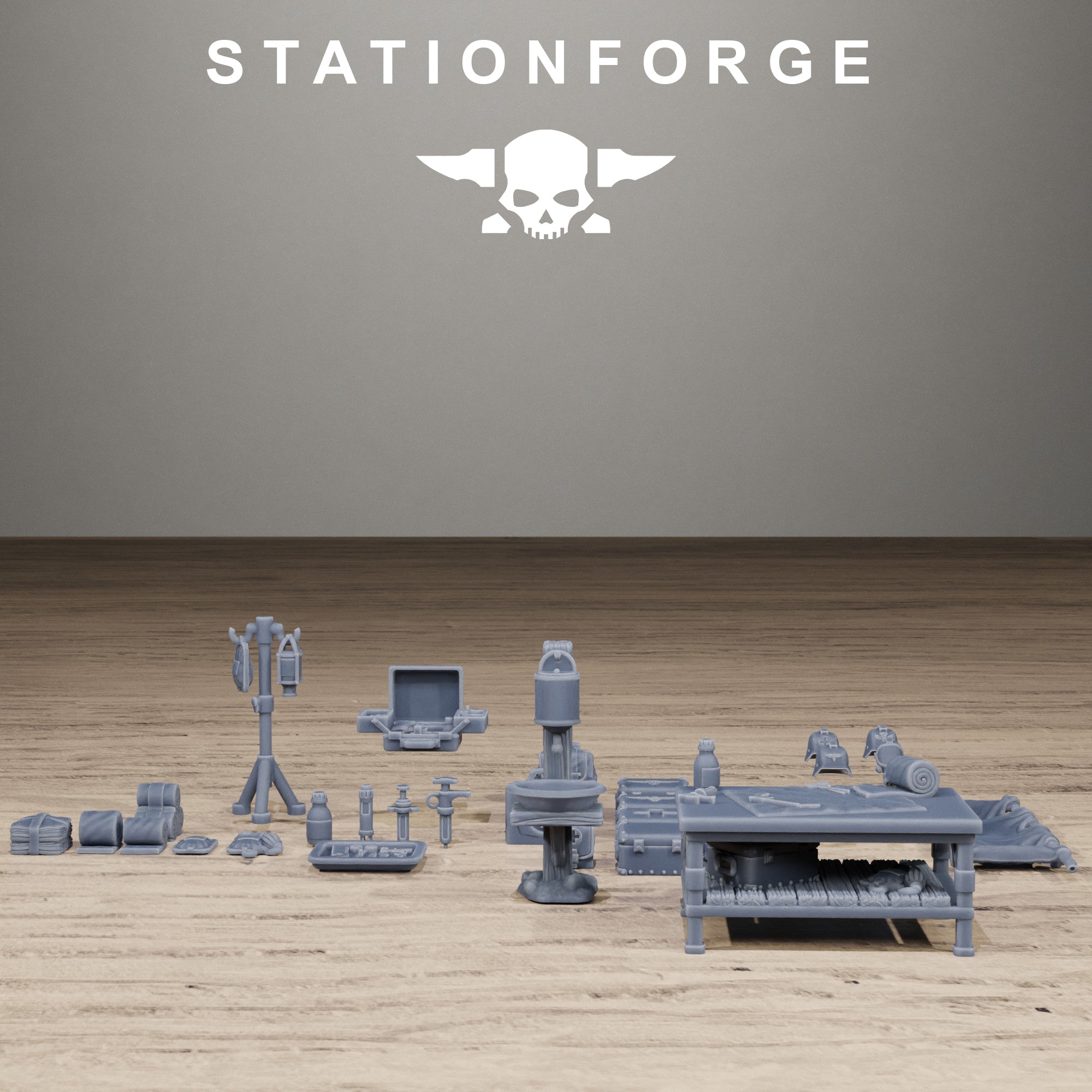 Grimguard Medical Bits scatter terrain showing medical stands, supply bags, cases, bottles, tools, and field hospital accessories.