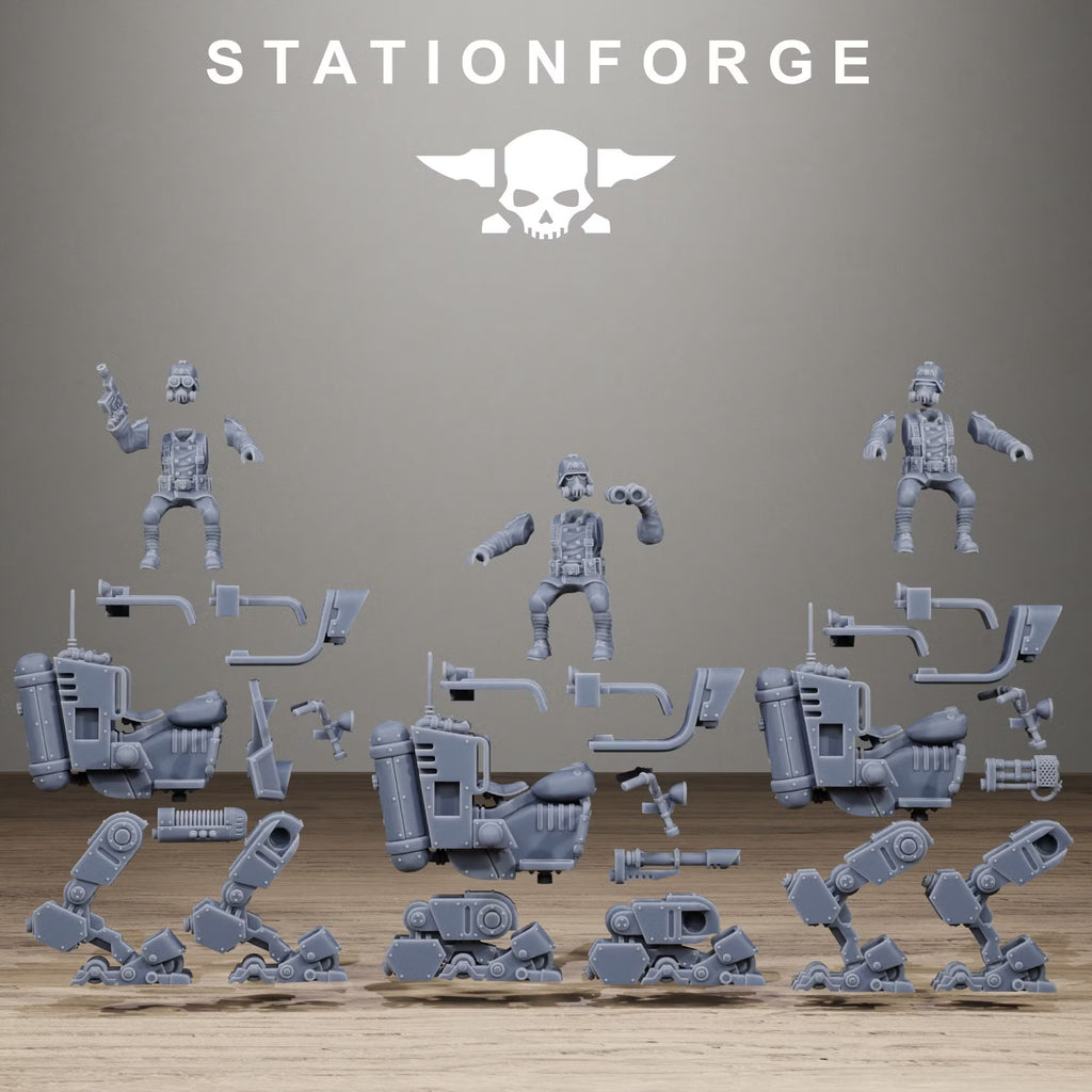 Grimguard Miniwalkers modular parts layout by Station Forge showing separate pilot, body, legs, and weapon components for the three walker variants