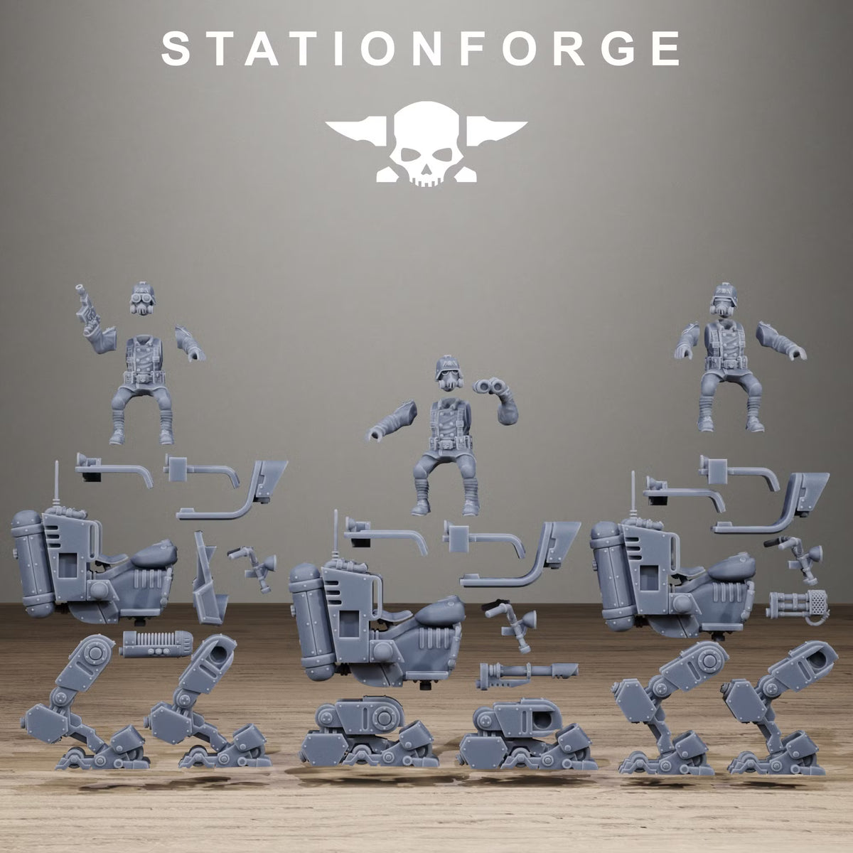 Grimguard Miniwalkers modular parts layout by Station Forge showing separate pilot, body, legs, and weapon components for the three walker variants