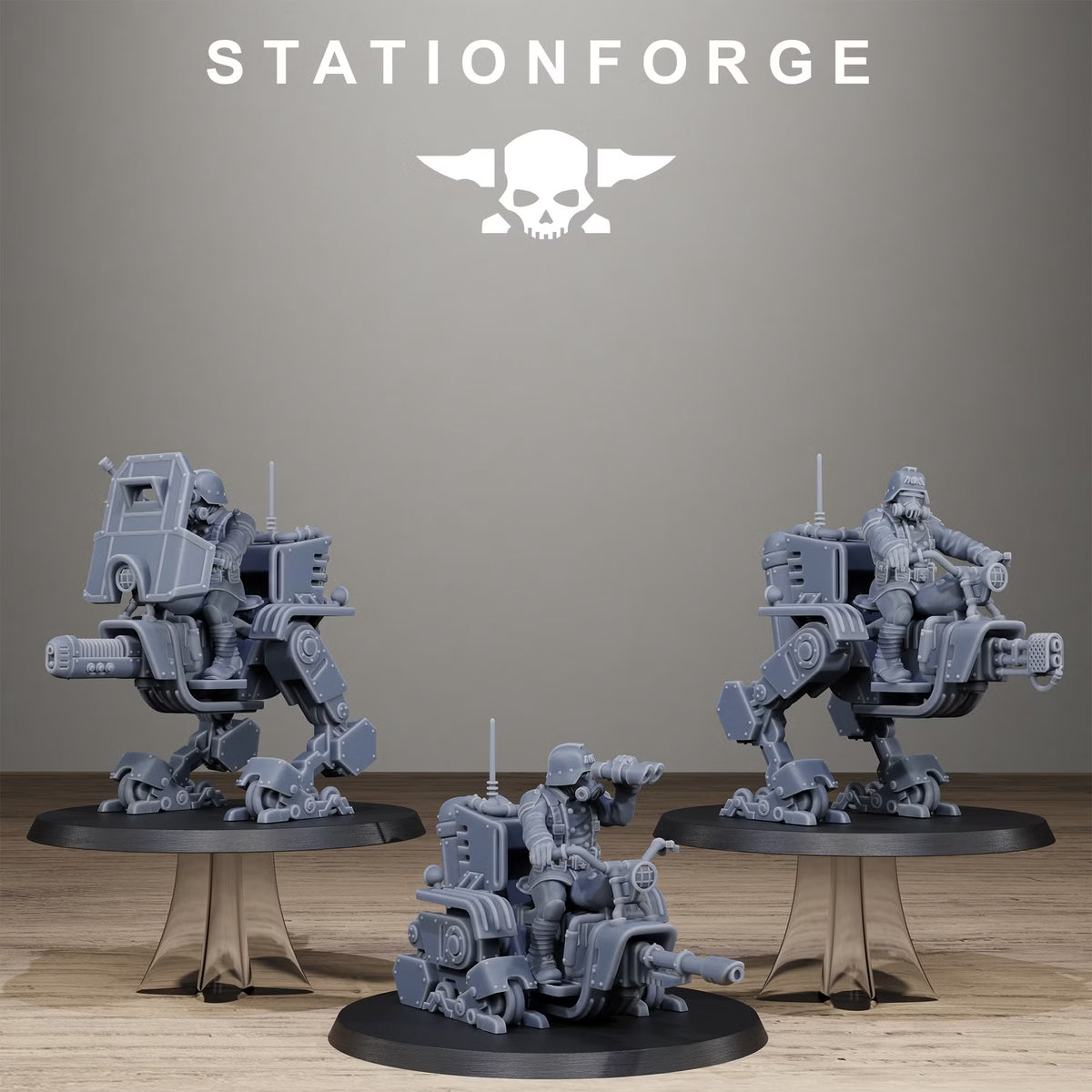 Grimguard Miniwalkers by Station Forge shown as a set of three sci-fi resin walker miniatures with different pilot and weapon configurations