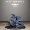 Grimguard Miniwalker Walker A by Station Forge, a sci-fi resin walker miniature with seated pilot using binoculars and a front cannon weapon