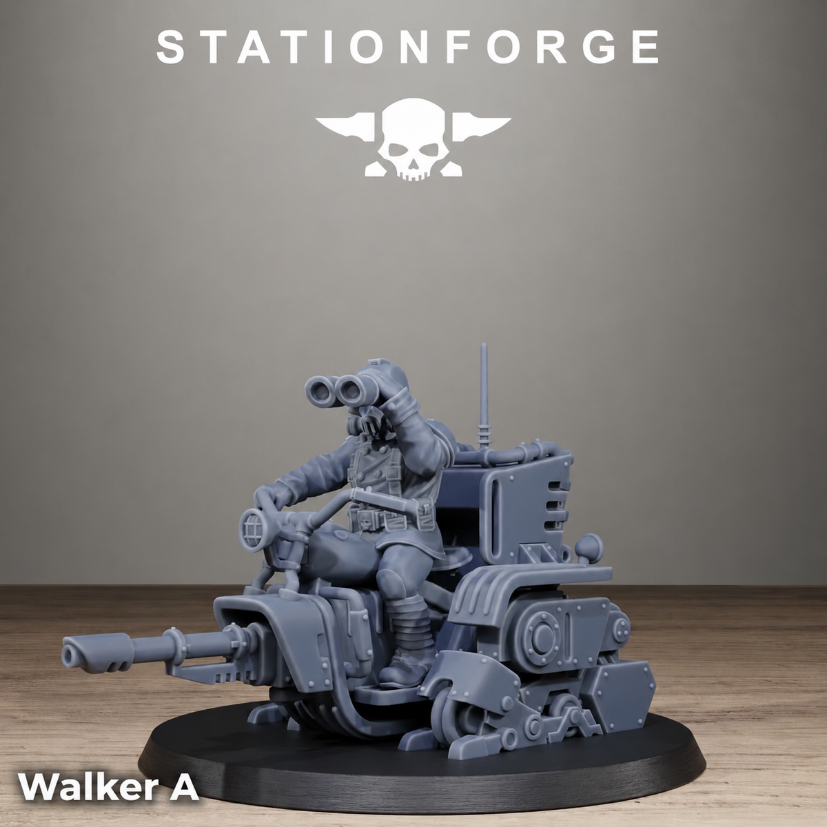 Grimguard Miniwalker Walker A by Station Forge, a sci-fi resin walker miniature with seated pilot using binoculars and a front cannon weapon