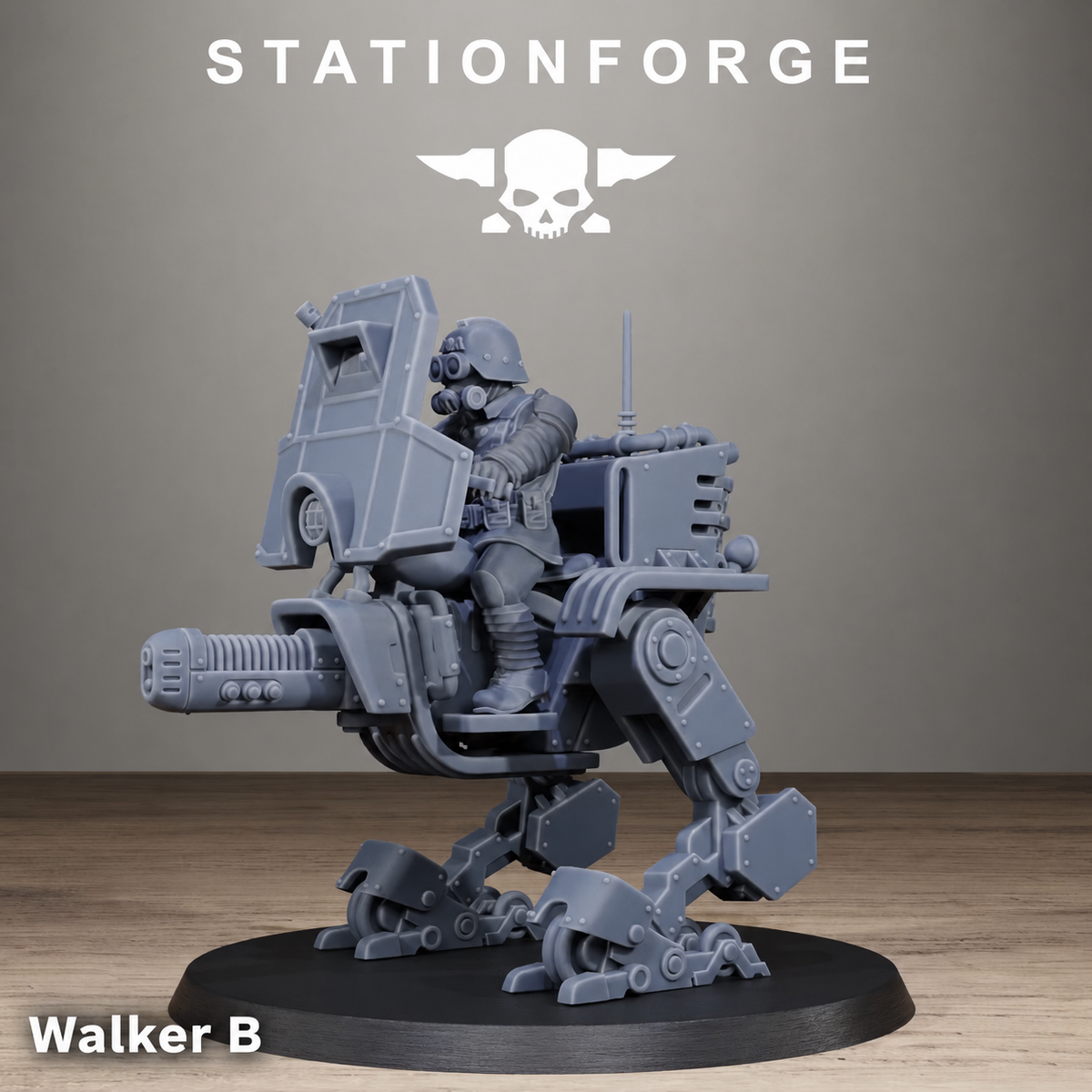 Grimguard Miniwalker Walker B by Station Forge, a sci-fi resin walker miniature with armored front shield and seated pilot