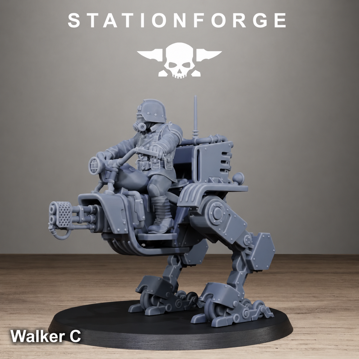Grimguard Miniwalker Walker C by Station Forge, a sci-fi resin walker miniature with seated pilot and rotary-style front weapon
