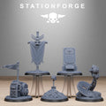 GrimGuard Objective Markers resin terrain set by StationForge featuring battlefield equipment, banner marker, helmet marker, command marker, and smoking artillery objective pieces.