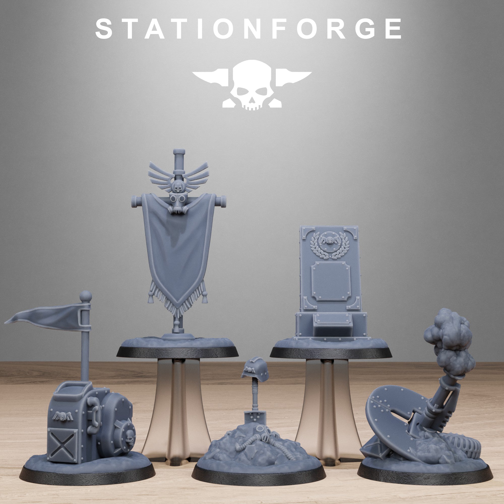 GrimGuard Objective Markers resin terrain set by StationForge featuring battlefield equipment, banner marker, helmet marker, command marker, and smoking artillery objective pieces.