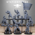 Station Forge GrimGuard Sisters full squad of sci-fi resin miniatures with banner, rifles, pistols, chainsword, heavy weapon, and field gear.