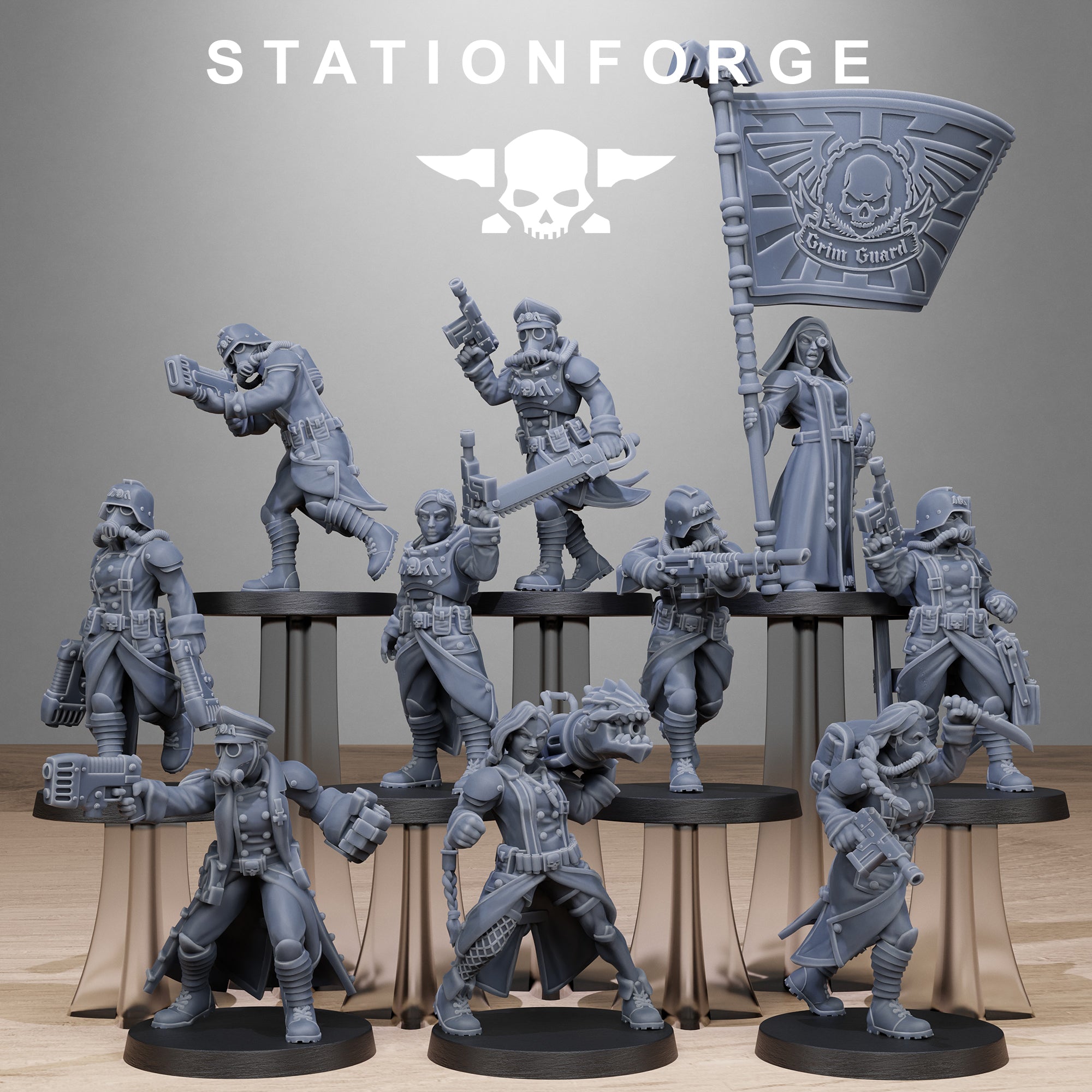 Station Forge GrimGuard Sisters full squad of sci-fi resin miniatures with banner, rifles, pistols, chainsword, heavy weapon, and field gear.