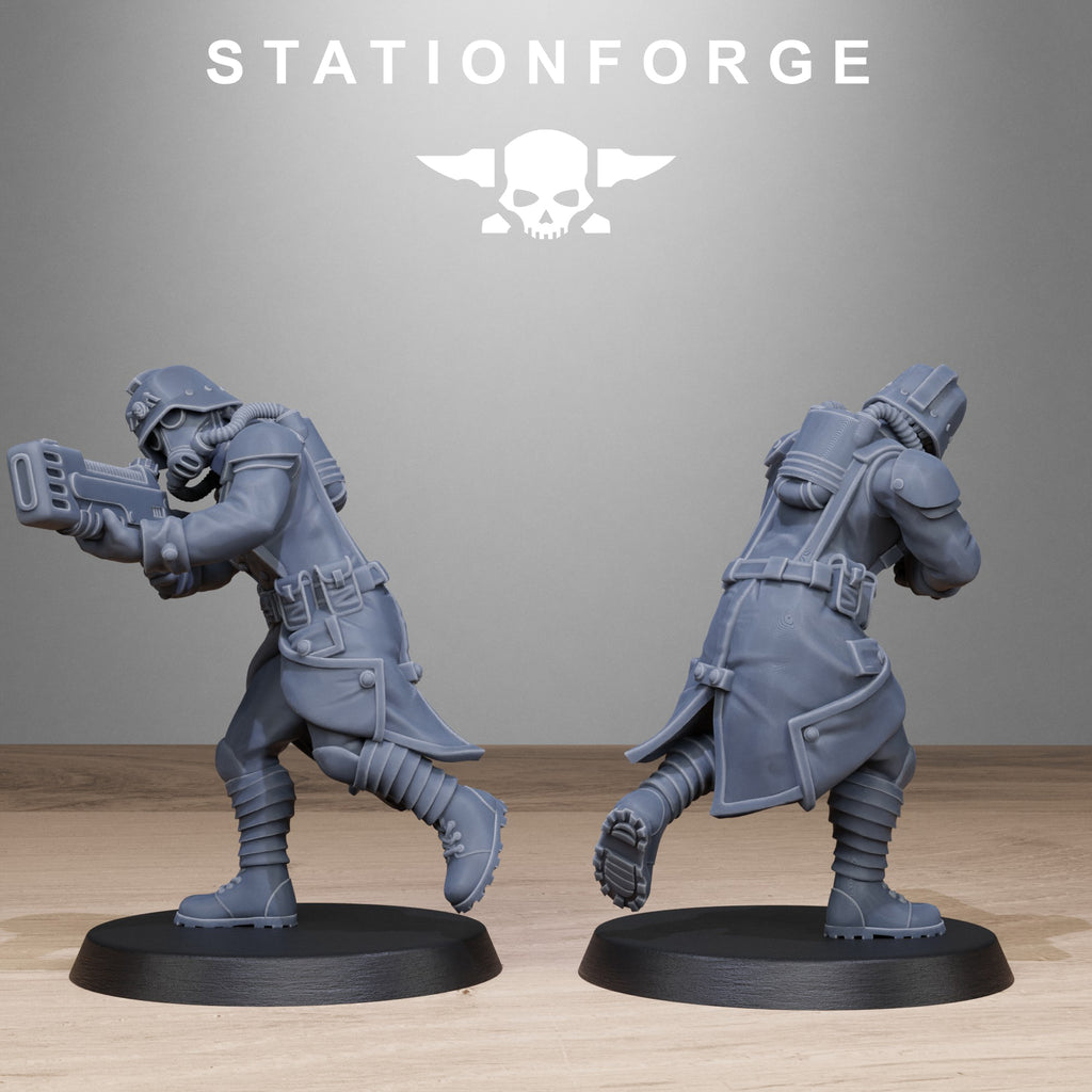 GrimGuard Sisters action pose miniatures with pistols, rifle, chainsword, coats, and tactical gear.