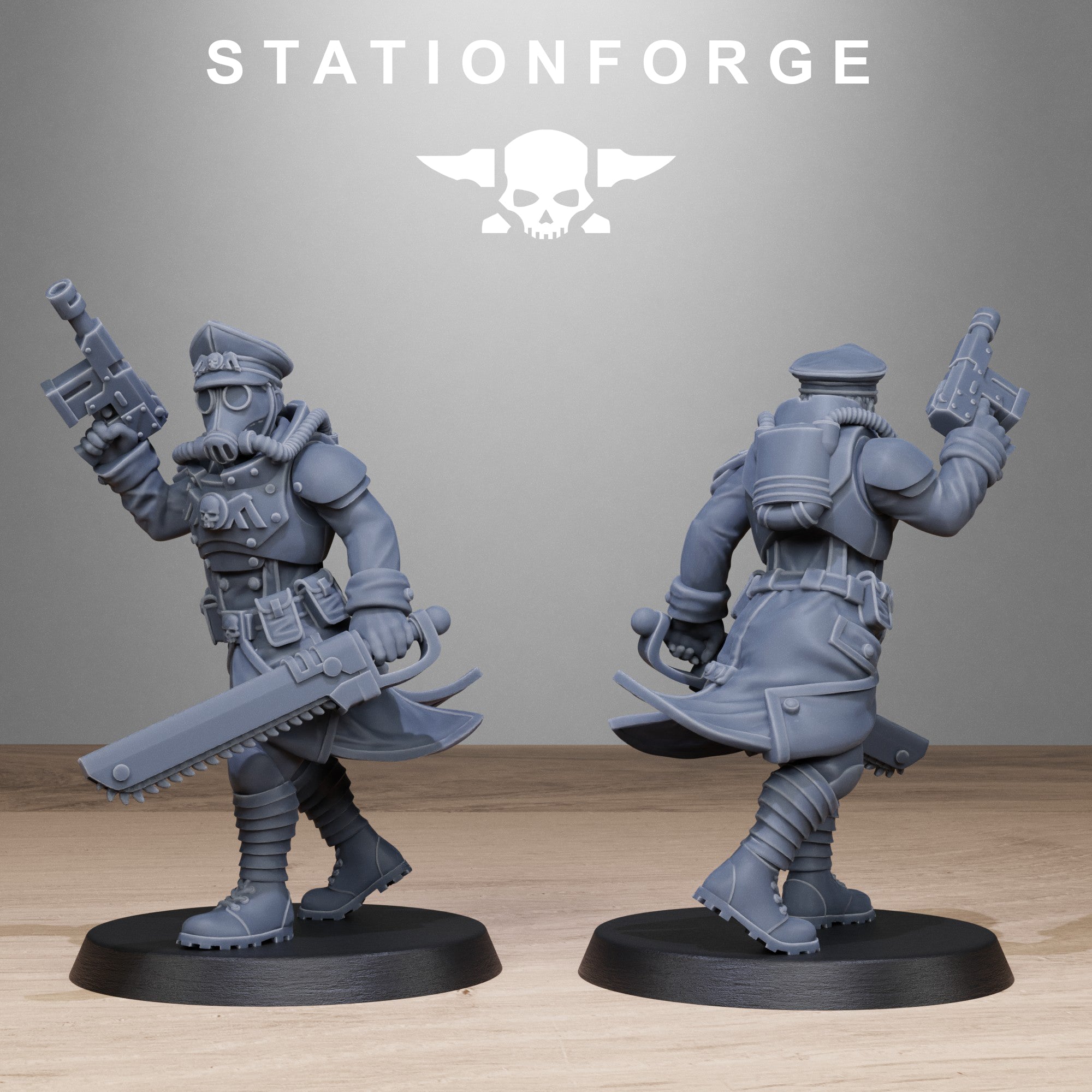 Station Forge GrimGuard Sisters miniature with chainsword, pistol, gas mask, coat, and rear armor detail.