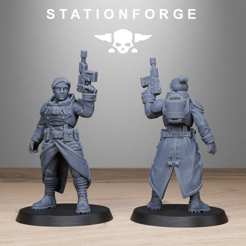 GrimGuard Sisters sci-fi infantry miniature with pistol, coat, armor, and rear backpack detail.