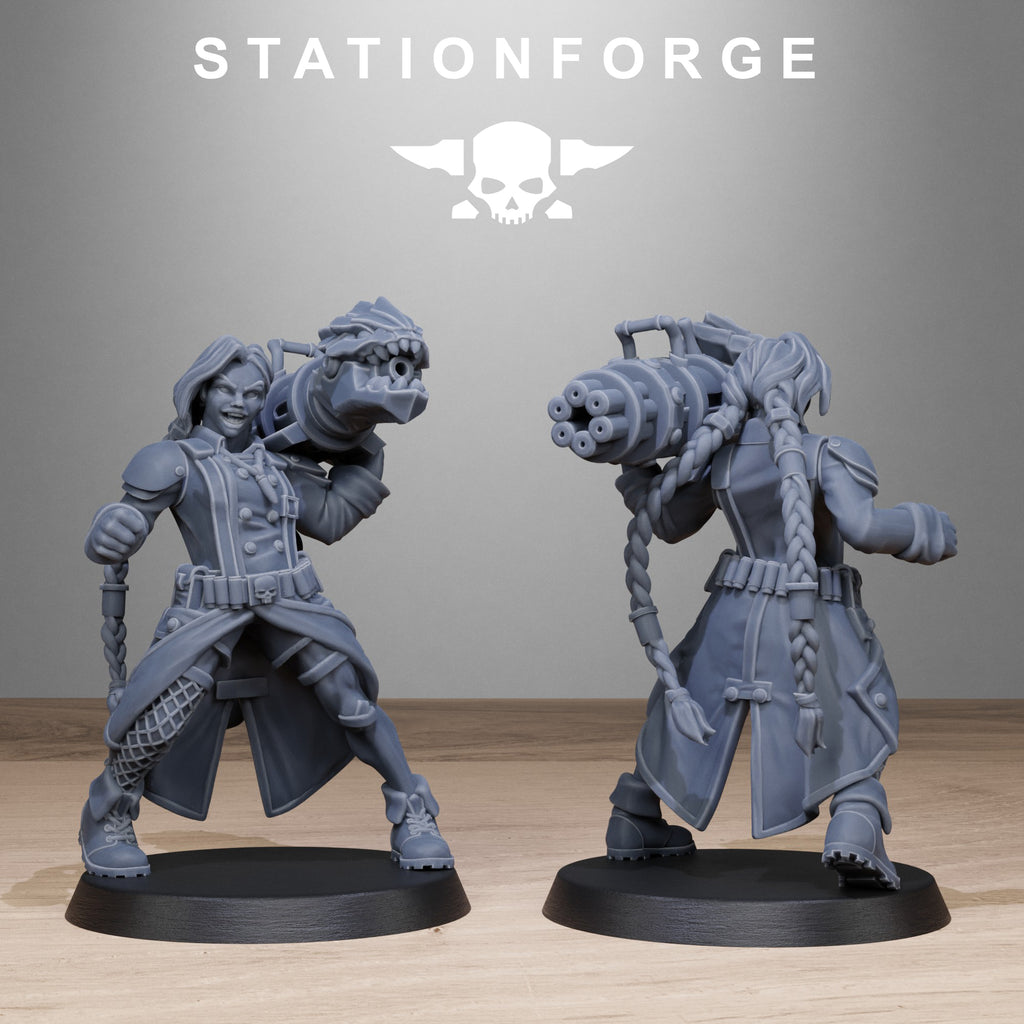GrimGuard Sisters heavy weapon miniature with large sci-fi gun, coat, armor, and detailed field gear.