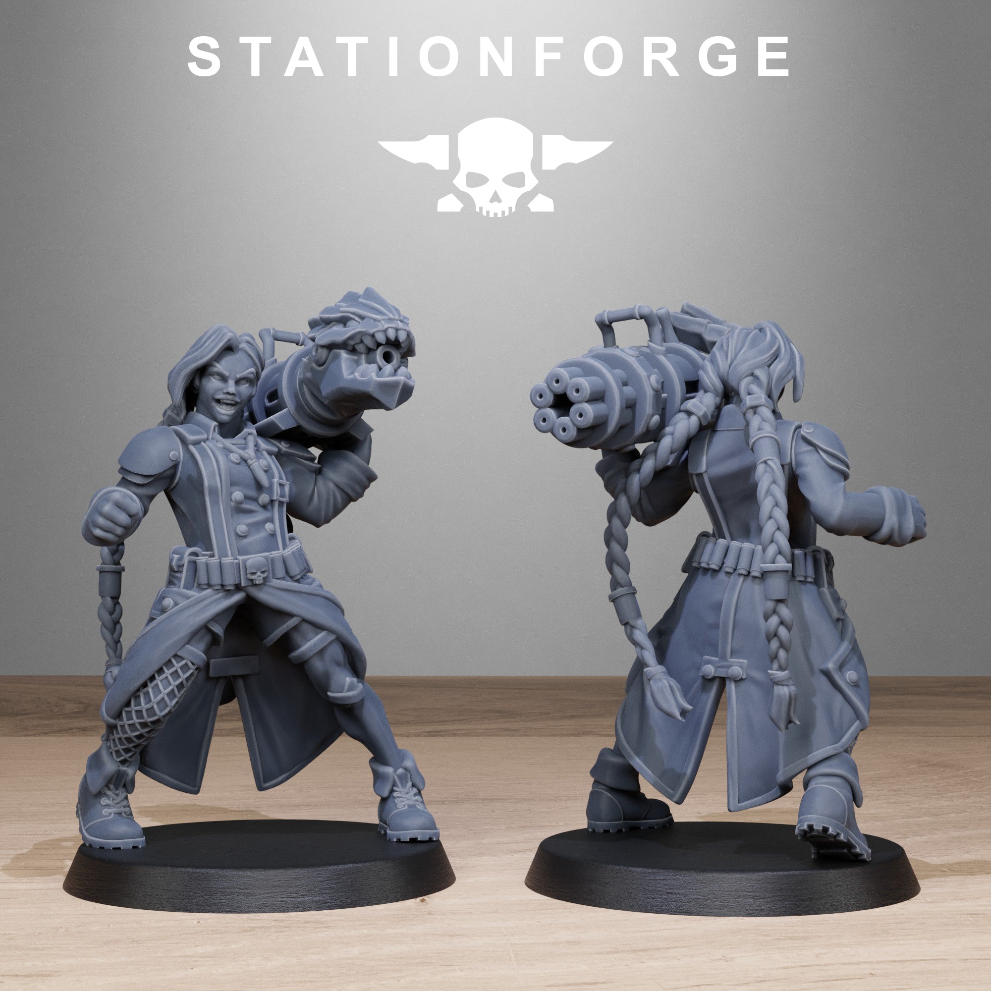 GrimGuard Sisters heavy weapon miniature with large sci-fi gun, coat, armor, and detailed field gear.