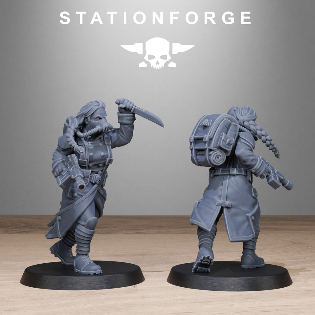 GrimGuard Sisters miniature with knife, pistol, long coat, backpack, and detailed battlefield gear.