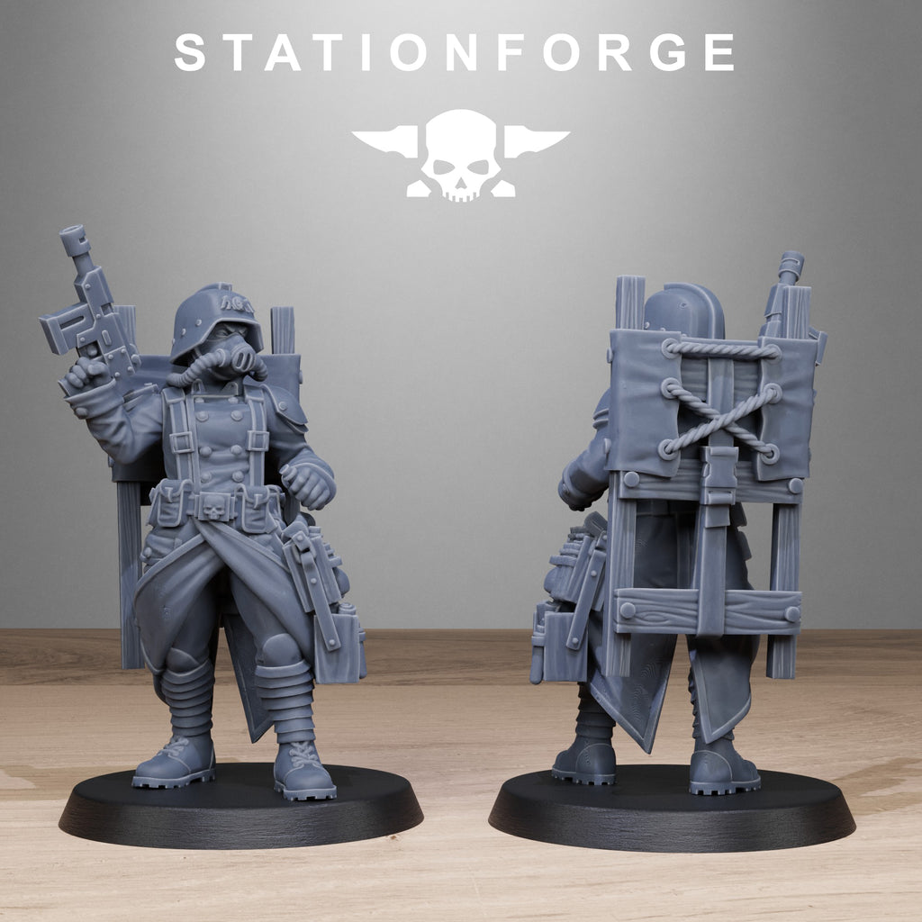 Station Forge GrimGuard Sisters field gear miniature with equipment frame, pistol, coat, and rear detail.