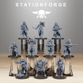 Full squad of GrimGuard Sisters of War resin miniatures by Station Forge with rifles, pistols, heavy weapons, and melee gear.