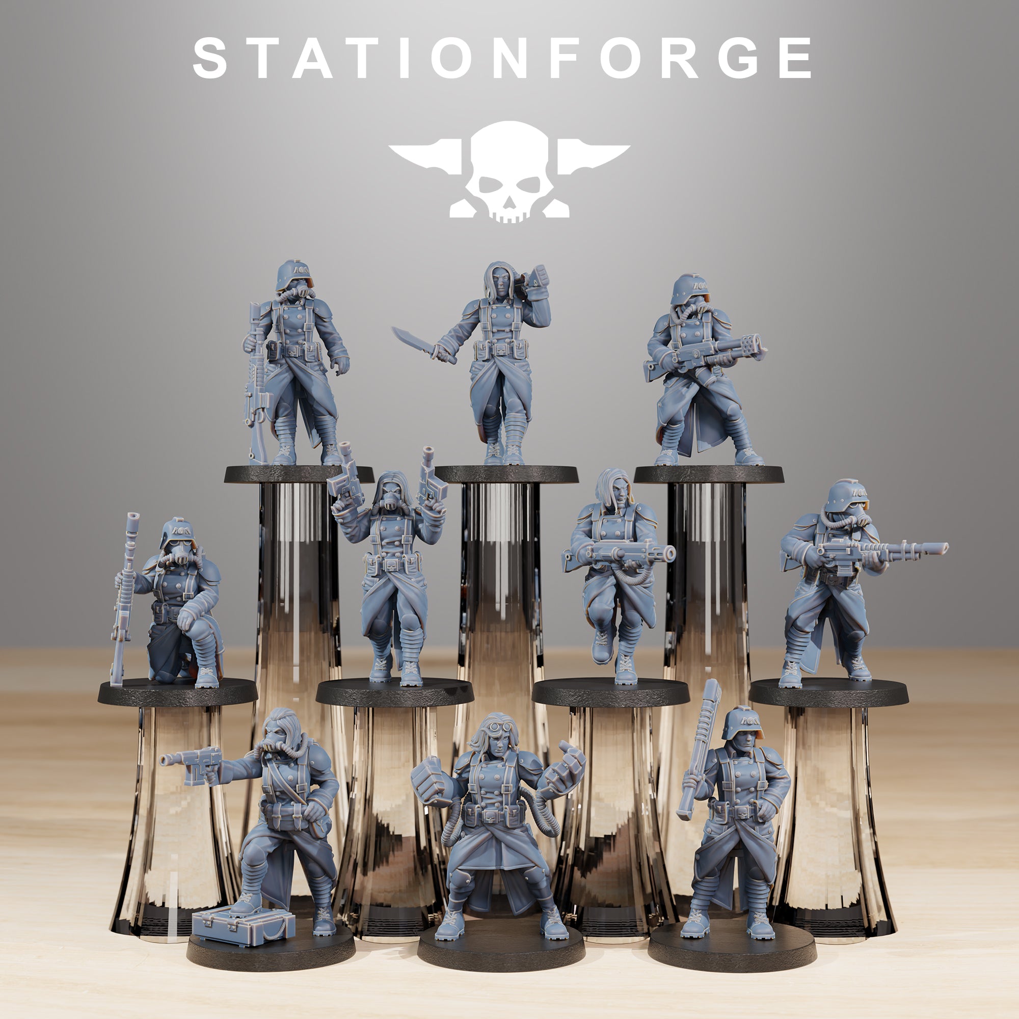 Full squad of GrimGuard Sisters of War resin miniatures by Station Forge with rifles, pistols, heavy weapons, and melee gear.
